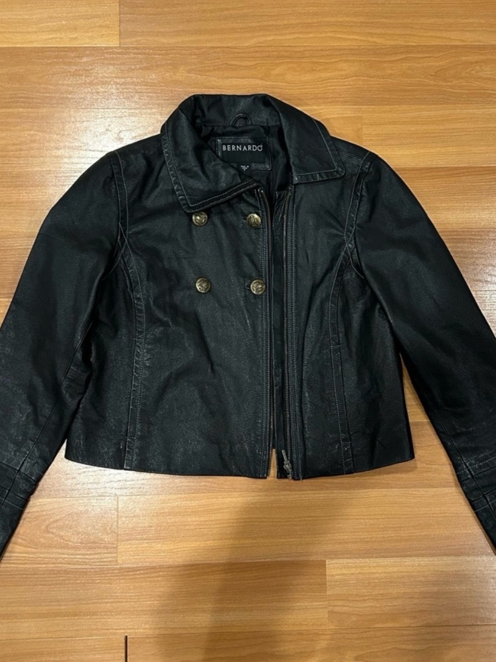 Vintage Bernardo Black Double-Breasted Genuine Leather Jacket with Gold Buttons